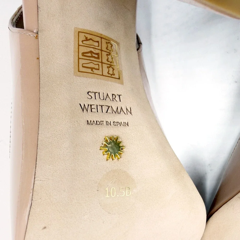 Stuart Weitzman Curveblock 85 Slingback Pumps Beige Patent Leather Heels 10.5